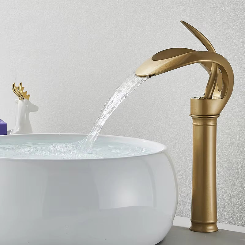 Black Bathroom Basin Taps Single Handle Waterfall Faucet Solid Brass Basin Mixer Taps Creative Hollowed Out Design Water Tap