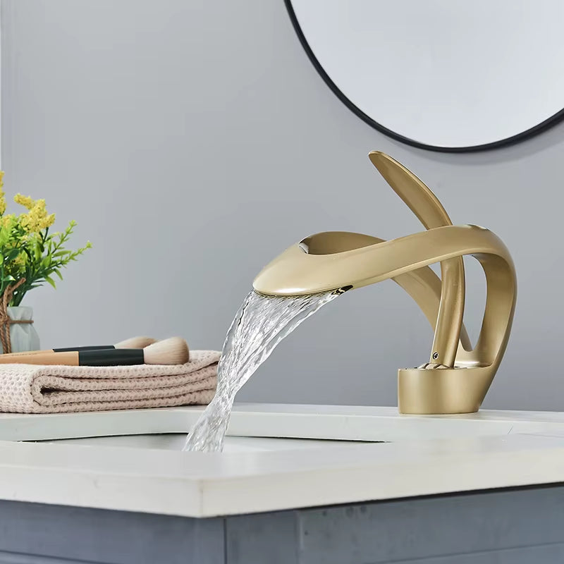 Black Bathroom Basin Taps Single Handle Waterfall Faucet Solid Brass Basin Mixer Taps Creative Hollowed Out Design Water Tap