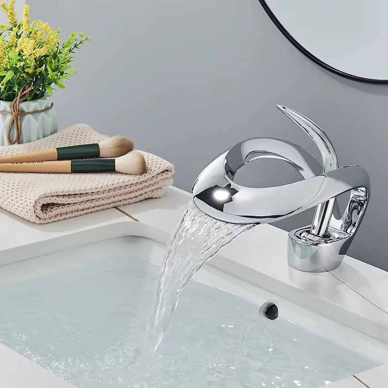 Black Bathroom Basin Taps Single Handle Waterfall Faucet Solid Brass Basin Mixer Taps Creative Hollowed Out Design Water Tap