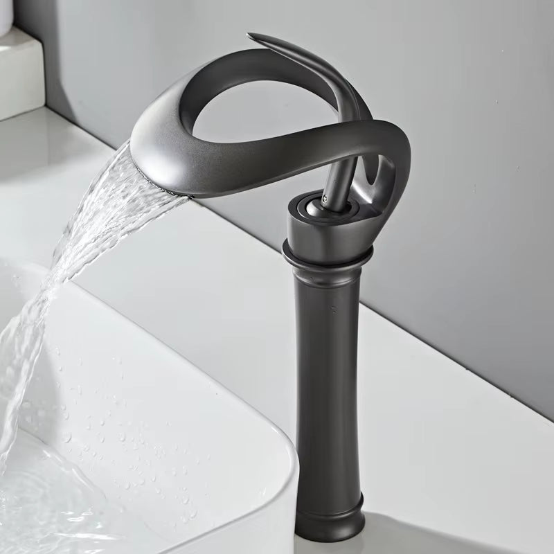Black Bathroom Basin Taps Single Handle Waterfall Faucet Solid Brass Basin Mixer Taps Creative Hollowed Out Design Water Tap
