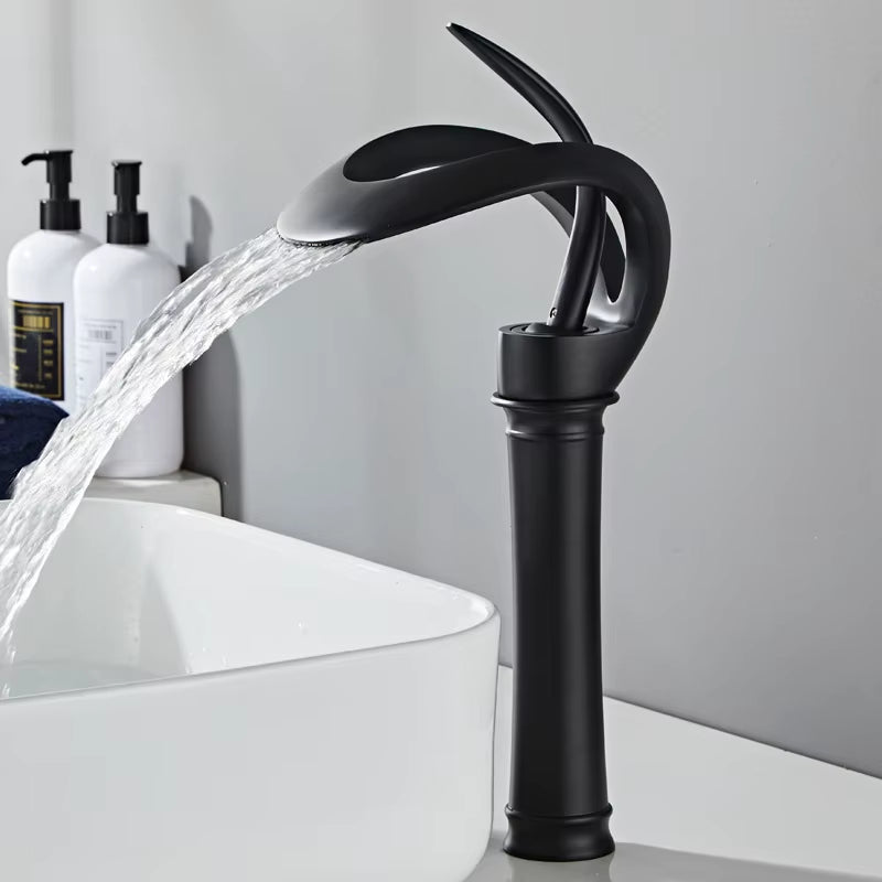 Black Bathroom Basin Taps Single Handle Waterfall Faucet Solid Brass Basin Mixer Taps Creative Hollowed Out Design Water Tap