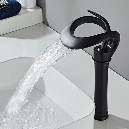 Black Bathroom Basin Taps Single Handle Waterfall Faucet Solid Brass Basin Mixer Taps Creative Hollowed Out Design Water Tap
