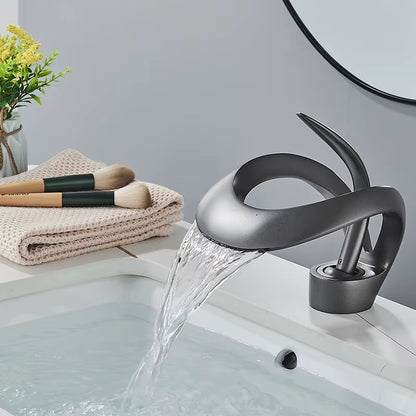 Black Bathroom Basin Taps Single Handle Waterfall Faucet Solid Brass Basin Mixer Taps Creative Hollowed Out Design Water Tap